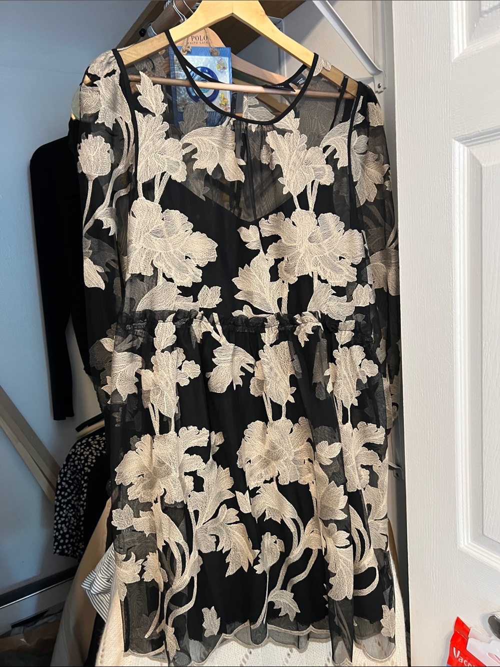 Anthropologie Black Mini Dress with Cream Floral Appliqué - Picture 3 of 6